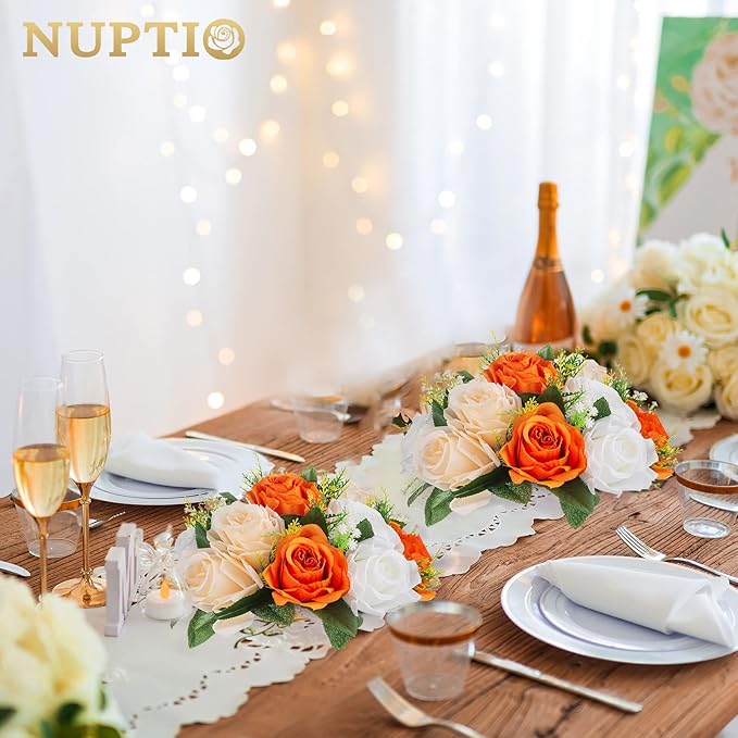 NUPTIO Flower Ball Arrangement Bouquet - 10 Pcs 9.5 inch Diameter Orange Fake Flowers Roses Balls for Centerpieces Tables - Artificial Rose Arrangements for Wedding Centerpiece Table Decorations