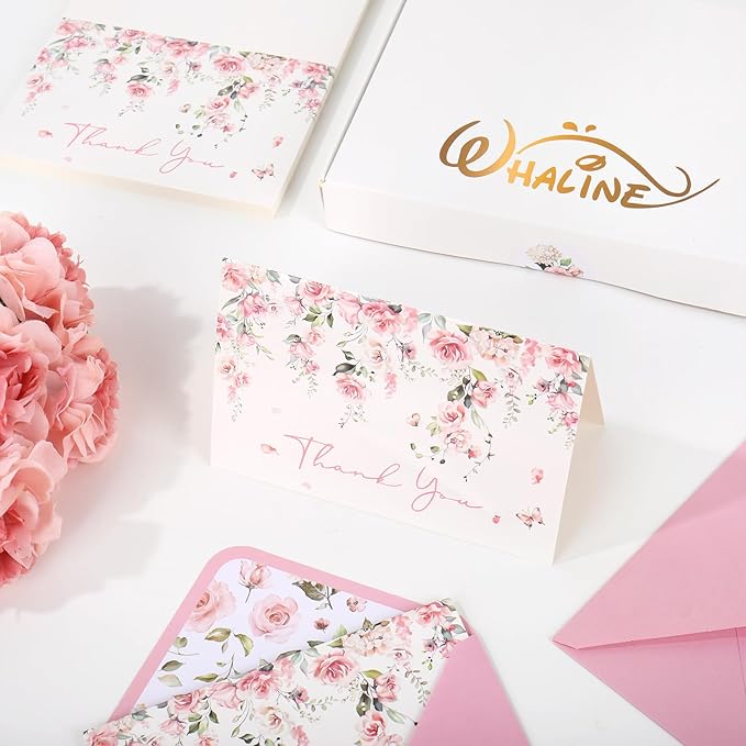 Whaline 50 Pack Pink Flower Thank You Cards Floral Thank You Greeting Note Cards Boxed with Envelope Sticker for Wedding Bridal Shower Birthday Baby Shower