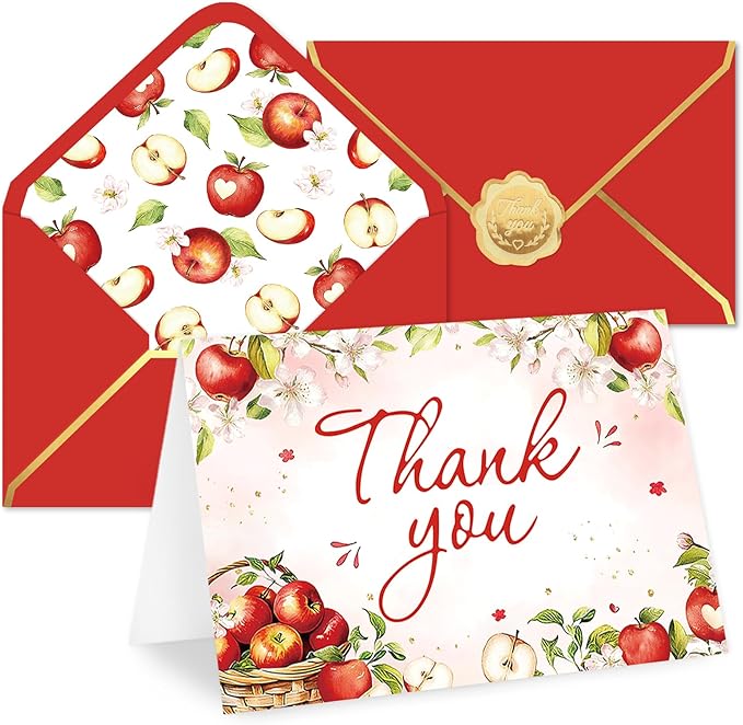 Whaline 24 Pack Apples Floral Thank You Card Greeting Cards with Envelopes Stickers Apples Flower Blank Note Cards for Birthday Baby Shower Party Supplies