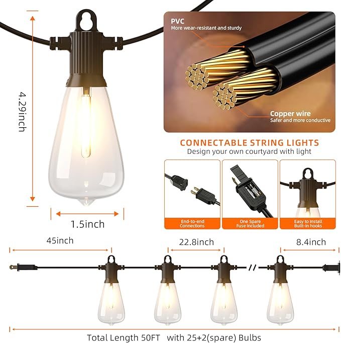 Kawaya 50FT Outdoor String Lights - Outside LED Patio Light with 25+2 Shatterproof Vintage Edison Bulbs - 2700K Dimmable IP65 Waterproof Hanging Lighting for Yard Porch Deck Balcony Bistro Cafe Party
