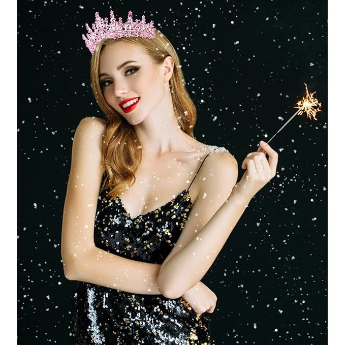 Velscrun Pink Crystal Birthday Tiara Crowns for Women Girls Elegant Princess Crown with Combs Birthday Girl Headband Sash Happy Birth Party Decorations Birth Gift Cake Topper Hair Accessories