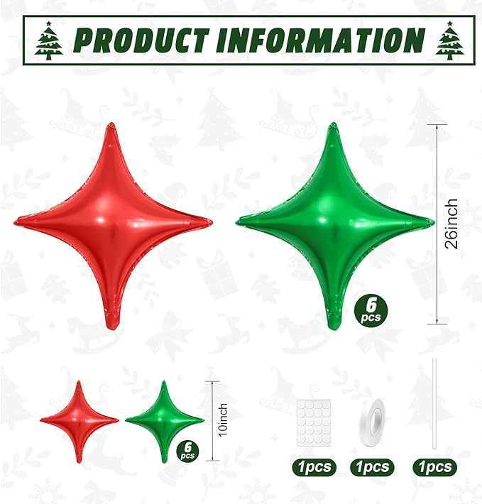 Red Green Christmas Balloons,12Pcs Four Angle Star Foil Balloons,26Inch and 10Inch Red Green Quadrangle Helium Balloon for Christmas Xmas New Year Birthday Party Decorations