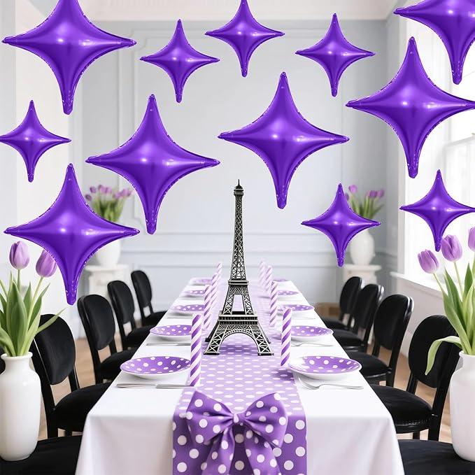 Purple Star Balloons,12Pcs Four Angle Star Foil Balloons,26Inch and 10Inch Purple Quadrangle Helium Balloon for Girl Theme Birthday Baby Shower Party Decorations