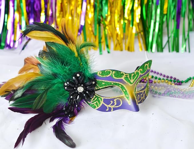 2025 New Mardi Gras Masks for Women with Feathers - Womens Mascarade Venetian Mask for Masquerade Party, Mardi Gras, Halloween Cosplay Prom, Christmas
