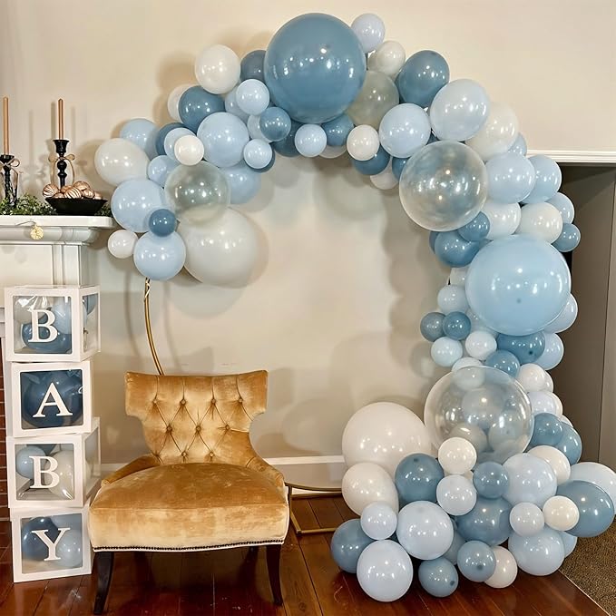 Dusty Blue Balloon, 12 inch Blue White Clear Balloon, Light Blue Macaron Blue Matte White Balloons with Transparent Balloons for Birthday Party Wedding Baby Shower Gender Reveal Decorations
