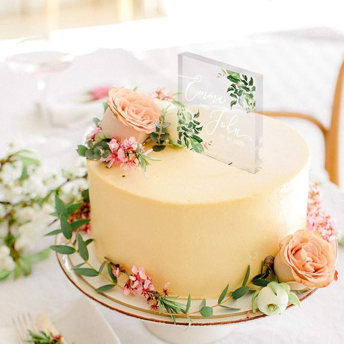 Andaz Press Greenery Eucalyptus Custom Wedding Cake Topper, Acrylic Square Personalized Couple Cake Topper