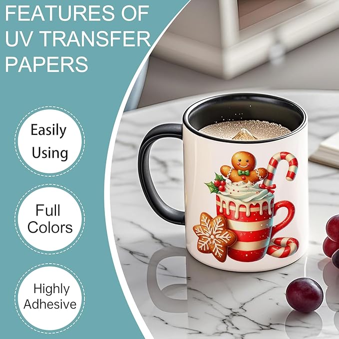 UV DTF Stickers - 12 Sheets Christmas Gingerbread UV DTF Cup Wrap for Coffee Mugs Glass, DIY Decals for Tumblers, Waterproof Rub on Transfers for Crafts