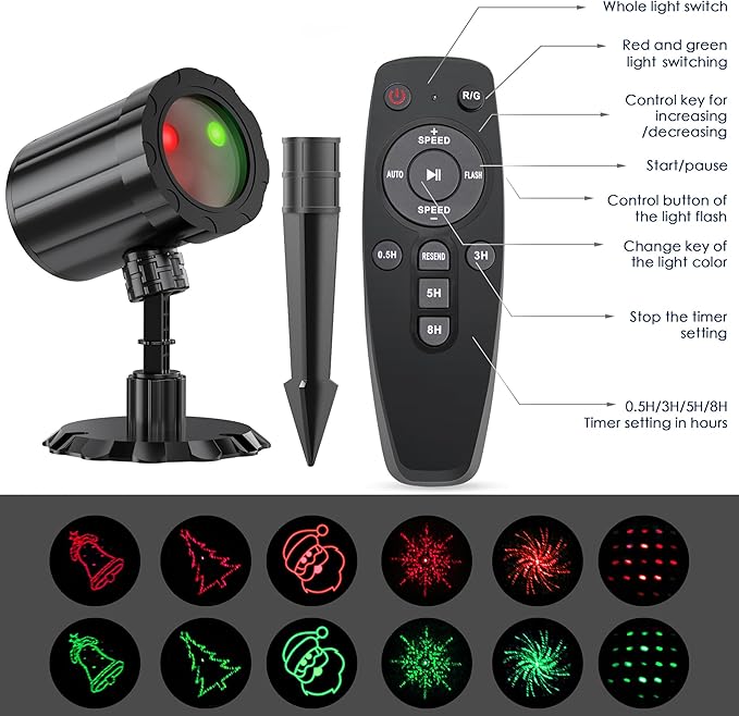 Christmas Projector Lights Outdoor, GUSODOR Red & Green Christmas Pattern Projector with Remote & Timer, IP65 Waterproof Landscape Lights for Indoor Outdoor Christmas Decorations