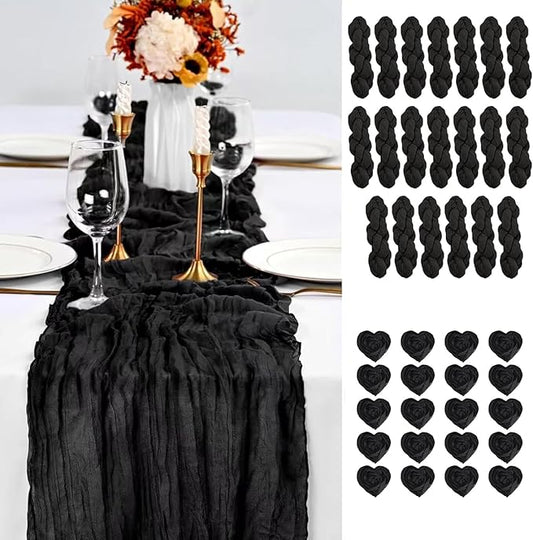 20 PCS Pack Black Cheesecloth Table Runner 10ft Boho Gauze Fabric Cheese Cloth Table Runner Comes with 20 Cloth Napkins Runner for Romantic Wedding Birthday Shower Party Table Decoration