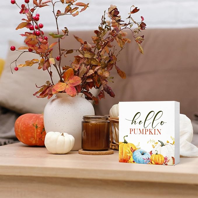Funny Autumn Wood Box Sign Hello Pumpkin Wooden Block Desk Decor for Home Office Kitchen Cubicle Table Shelf Tabletop,Farmhouse Fall Sign Decor
