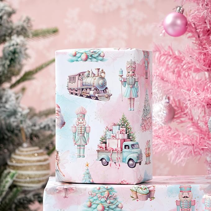 PlandRichW Nutcracker Christmas Wrapping Paper - Sweet Pastel Nutcracker Scene with Trees, Train & Angels - 40×28 Inch Xmas Gift Wrap, 4 Folded Sheets for Kids & Adults