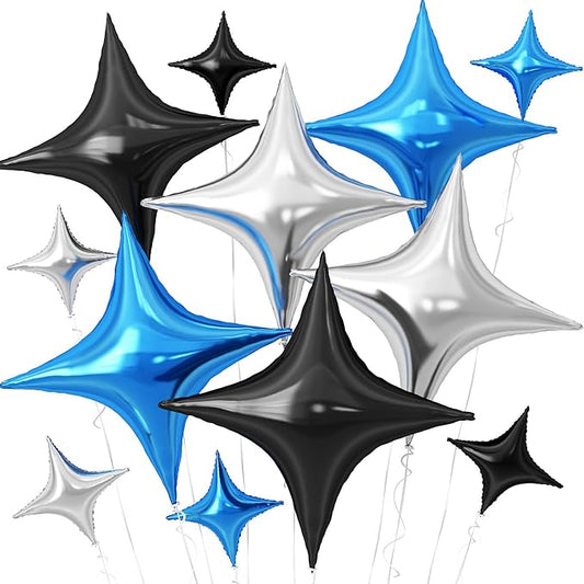 Black Blue Silver Star Balloons,12Pcs Four Angle Star Foil Balloons,26Inch and 10Inch Black Silver Blue Quadrangle Helium Balloon for Birthday Anniversary Party Decorations