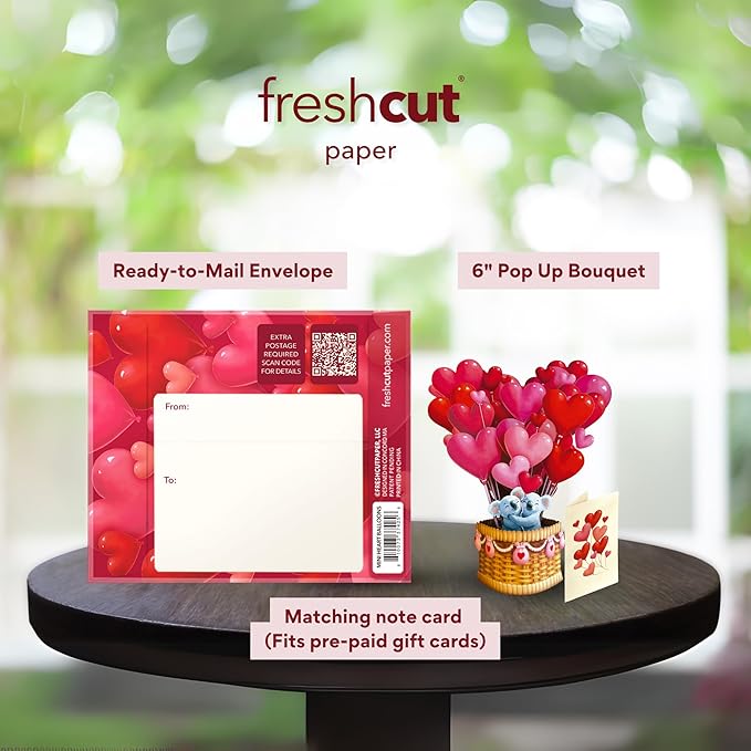 Freshcut Paper Pop Up Cards, Mini Heart Balloons, 6 Inch Mini Sized 3D Popup Greeting Cards, Valentine's Day, Anniversary Card, Blank Notecard & Envelope