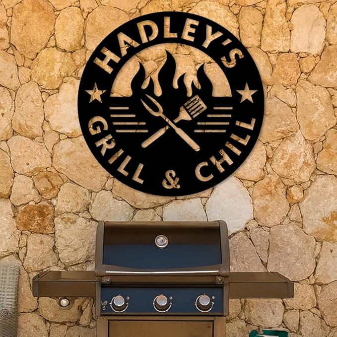 Custom Grill and Chill Metal Sign, Personalized Backyard BBQ Plaque with Fire and Utensils Design, Outdoor Patio Bar Wall Art, Rustic Western Decor, Gift Idea for Birthday, Christmas, Holiday BBQ