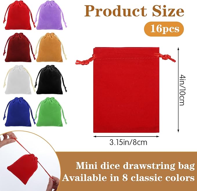 Teaaha 16PCS Dice Bag 3 X 4 Inch Small Velvet Drawstring Dice Velour Christmas Halloween Storage Bags Wedding Gift Pouch for Wrapping Jewelry, Resin Runes(8 Colors)