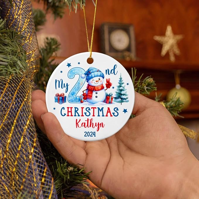 2025 Personalized Baby Second Christmas Ceramic Ornament, My 2nd Xmas Snowman Keepsake Gift for Son Daughter Grandkids, Custom Name & Year Xmas Tree Ornament for 2 Years Old Baby