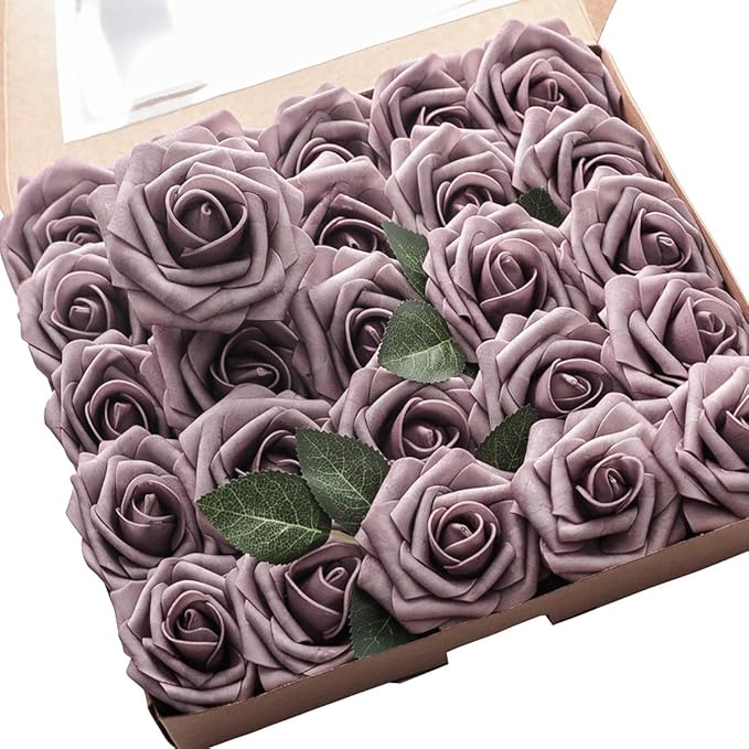 Floroom Artificial Flowers 25pcs Real Looking Rosy Brown Foam Fake Roses with Stems for DIY Wedding Bouquets Bridal Shower Centerpieces Floral Arrangements Party Tables Home Decorations