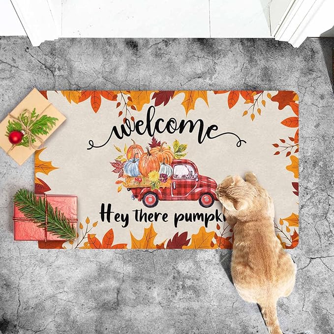 InterestPrint Happy-Thanksgiving Door Mat, Vintage Fall Truck Decor for Covered Outdoor Area Pumpkin Welcome Mat for Autumn Halloween Thanksgiving Farmhouse Decor