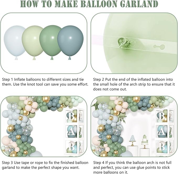 153Pcs Dusty Blue Green Balloons Baby Shower Decorations, Haze Fog Blue Mist Sage Green Balloon Arch Kit Baby Boxes with Letters (A-Z+Baby) for Baby Shower Boho Birthday Gender Reveal Party Supplies