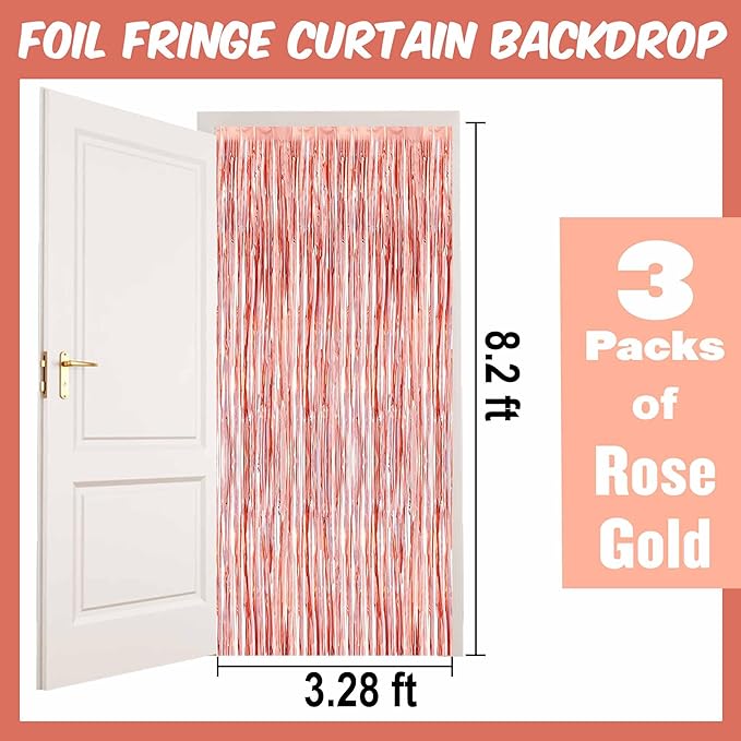 3 Pack Rose Gold Foil Fringe Curtains Backdrop, 3.28 x 8.2 Ft Metallic Streamers Tinsel Curtains Background for Photo Booth, Birthday, Halloween, Christmas, Thanksgiving, New Year Party Decorations