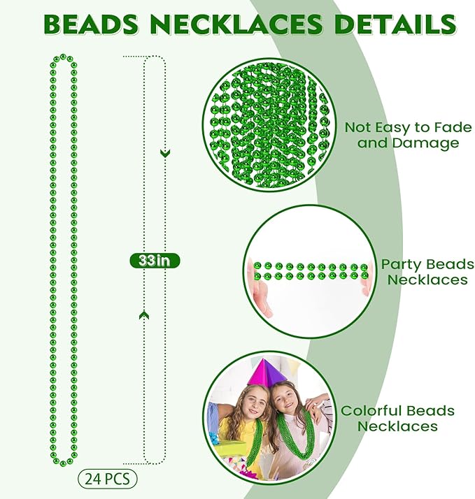 SHAOQINLIN 24 PCS St. Patrick's Day Bead Necklaces, Green Mardi Gras Christmas Beads, 33'' Green Party Beads for St. Patricks Day, Mardi Gras, Christmas, Carnival Party Favors