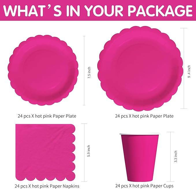 Hot Pink Party Decorations Supplies Tableware, Hot Pink Paper Plates And Napkins, Tablecloth Printed Table Runner, Cutlery, for Birthday Baby Bridal Shower Wedding Anniversary, Serves 24