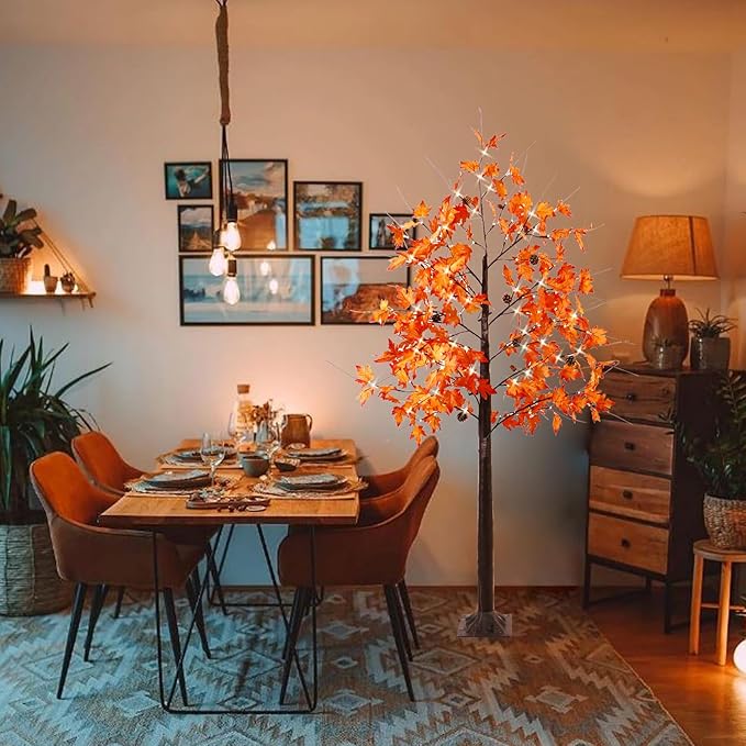 6FT Fall Tree with Lights, Thanksgiving Decorations Warm White 120 LED Maple Tree, Prelit Artificial Thanksgiving Tree, Dimmable Autumn Tree Light, Fall Home Indoor Harvest Outdoor Decor