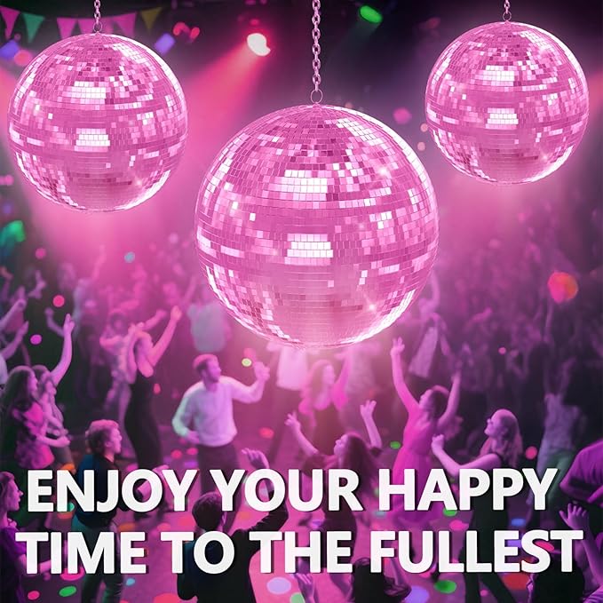 Disco Ball, 12/16/20 Inch Hanging Disco Ball, Mirror Ball for Party Decoration, Wedding, DJ Club, Stage, Birthday, Christmas, New Years Celebration (Pink, 12Inch)
