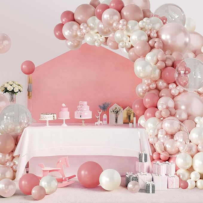 Dusty Pink Blush Balloon Arch Kit 108Pcs Double Stuffed Pearl pink White Balloons Pink Rose Blush Clear Balloons for Baby Shower Bridal Shower Wedding Birthday Party Decorations