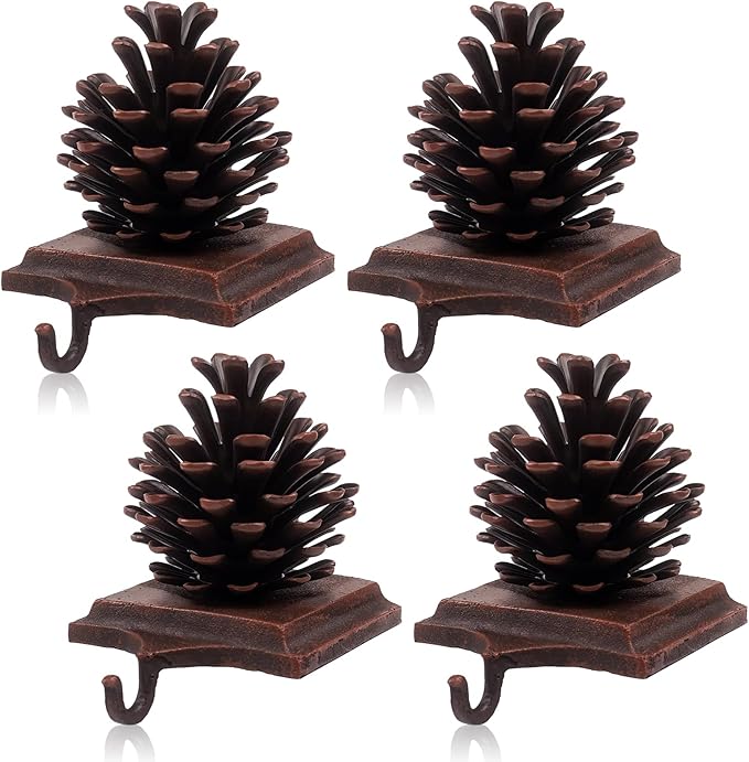 JUSTOTRY PineCones Christmas Stocking Holder Set of 4 with Non-Skid Retro Brown Stocking Holders for Mantle Fireplace Christmas Indoor Home Decor Gifts Xmas Decorations