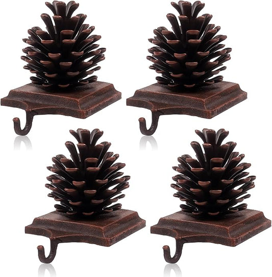 JUSTOTRY PineCones Christmas Stocking Holder Set of 4 with Non-Skid Retro Brown Stocking Holders for Mantle Fireplace Christmas Indoor Home Decor Gifts Xmas Decorations