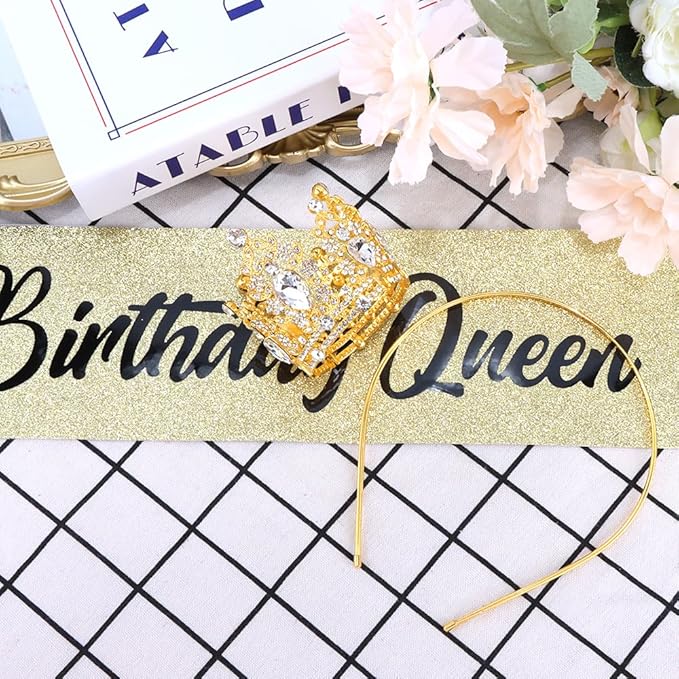 Birthday Queen Sash for Women Tiara & Crowns Headbands for Girls Happy Birthday Party Accessories Favor Supllies Leona Black Gold Pink, 2 Pack