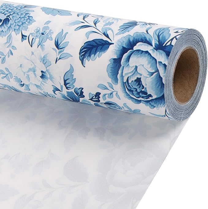 BIOBROWN Floral Wrapping Paper Jumbo Roll - 30 Inch X 33 Feet (82.5 sq. ft. ttl.) Blue White Peony Design Chinoiserie Gift Wrap Stone Paper for Wedding, Bridal Shower, Mother's Day