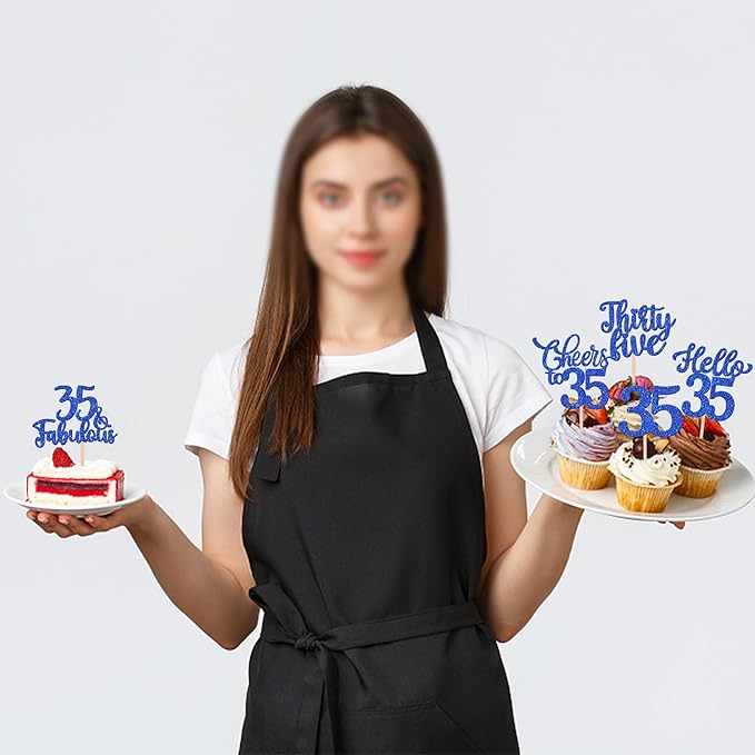 30PCS Happy 35th Birthday Cupcake Toppers Glitter Hello 35 Fabulous Thirty Five Cheers to 35 Years Old Birthday Cupcake Picks for Happy 35th Birthday Anniversary Party Cake Decor Supplies Blue