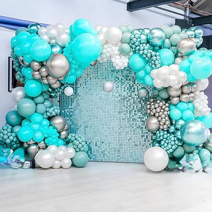 Teal and Silver Balloons, 60Pcs 12 Inch Turquoise White Teal Blue Balloon Set with Chrome Metallic Silver Confetti Balloons for Birthday Baby Shower Wedding Bridal Shower Anniversary Party Decorations