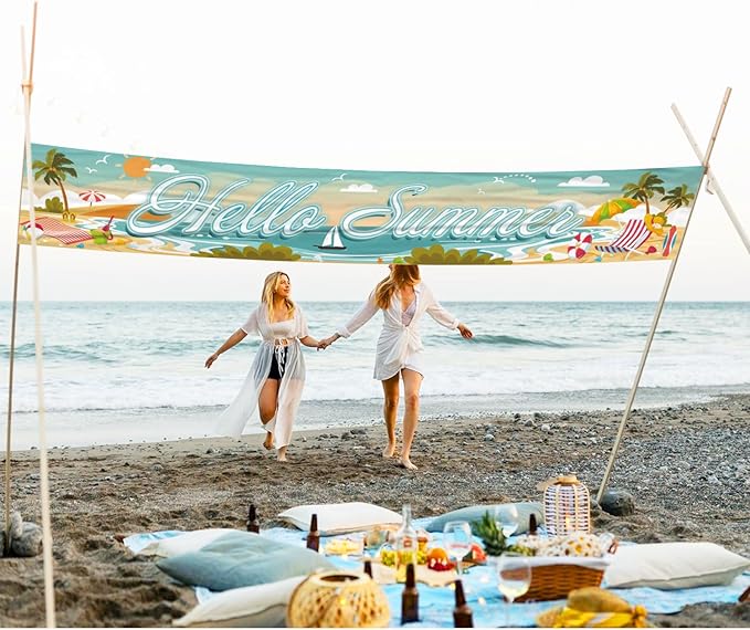 Hello Summer Beach Party Banner - Hawaiian Outdoor Party Decorations, Hanging Beach Party Supplies (Hello Summer)