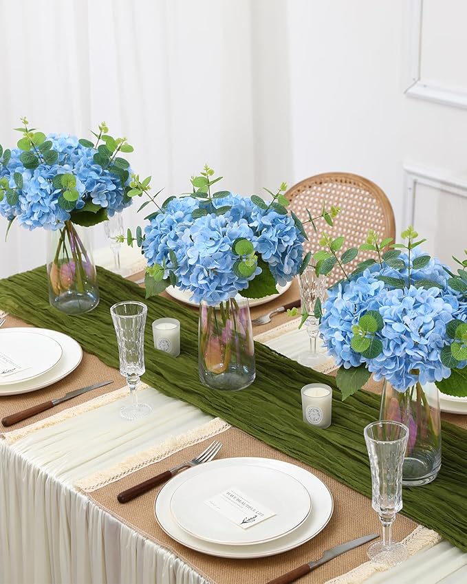 Tifuly 4pcs Fake Hydrangea with Vase - Real Touch Faux Hydrangea Flowers and 3pcs Eucalyptus Stems for Wedding Centerpiece Home Party Table Decoration（Blue）