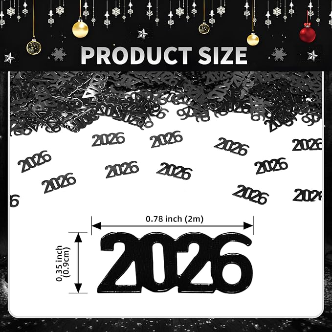 VHUWE 2026 New Years Confetti Black, 2.12 oz Shinny Metallic 2026 Number Confetti for Tables 2026 Happy New Year Decorations New Years Eve Party Supplies | Black