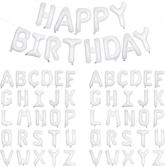 65 Pcs White Happy Birthday Balloons and 2 Sets A-Z Letters Foil Balloons, 16 Inch Personalized Name Happy Birthday Banners for Wedding Baby Shower Anniversary Party Decorations (White)