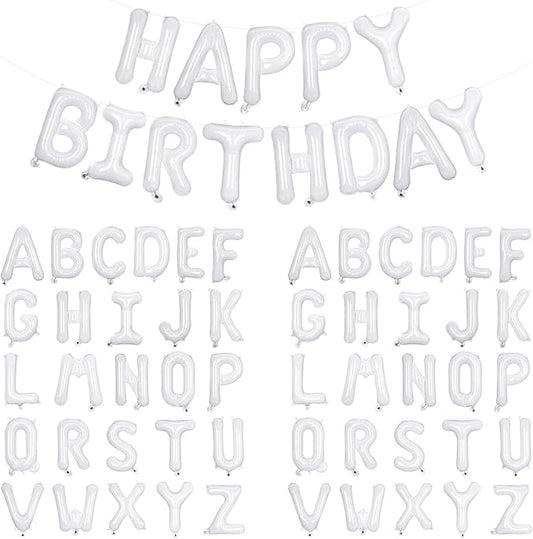 65 Pcs White Happy Birthday Balloons and 2 Sets A-Z Letters Foil Balloons, 16 Inch Personalized Name Happy Birthday Banners for Wedding Baby Shower Anniversary Party Decorations (White)
