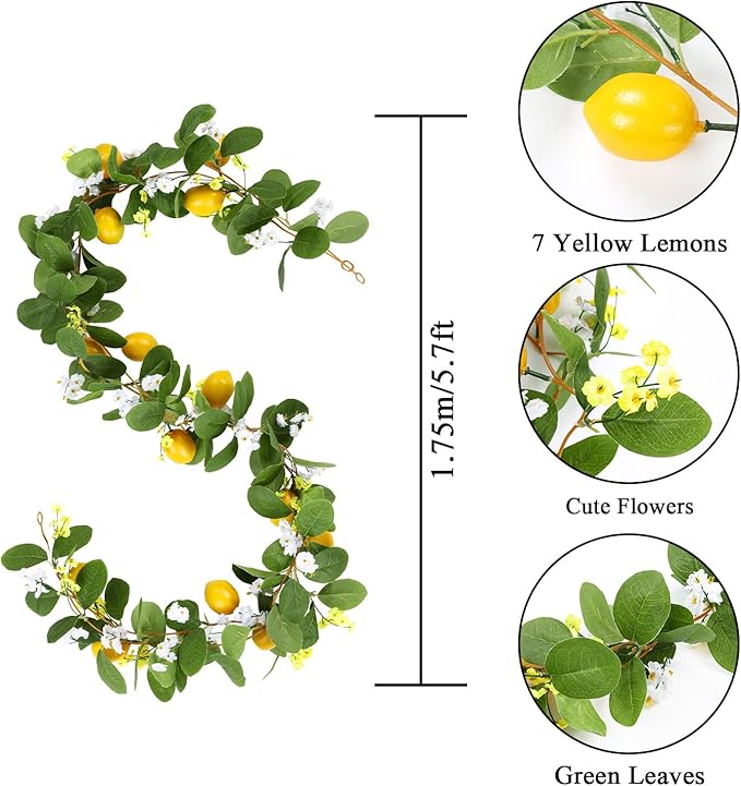 U'Artlines 2Pcs Total 11 Ft Artificial Lemon Garland Spring Summer Faux Fruit Vine Garlands with Greenery for Door Wall Mantle Wedding Party Table Decorations