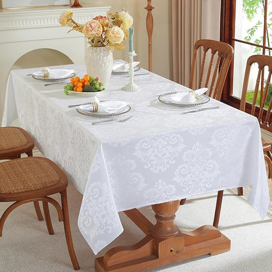 Damask White Tablecloth Rectangle 60 x 120 Inch, Floral Jacquard Spill Proof Wrinkle Free Polyester Table Cloth, Soft Table Cover for Dinner/Party/Indoor/Outdoor, Oblong 10-12 Seats