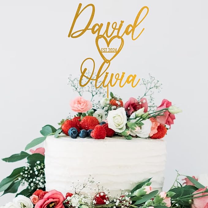 Noni Luxury Personalized Wedding Cake Topper with date and hear, Custom Cake topper, Personalized Cake Topper, Gold Cake Topper wedding, Rustic Wedding Cake Topper, Mr and Mrs Topper for Wedding Cake