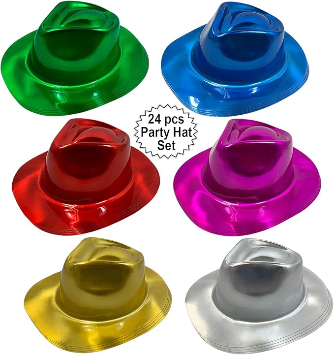 AnapoliZ Party Gangster Hats 24 pcs | New Year’s Celebration Hats | Metallic Colors Assorted | Plastic Fedora Party Hats for Kids, Adults | Costume, Dress Up, Photo Booth, Happy New Year Parties