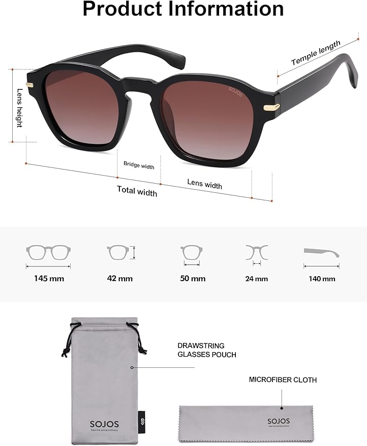 SOJOS Vintage Retro Square Polarized Sunglasses Men Standard Fit Trendy Womens Sun Glasses SJ2382