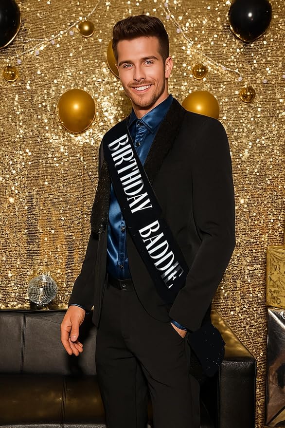 Birthday Sash, BIRTHDAY BADDIE Sash Birthday Sash for Women Girls Men Black Glitter Sash with Silver Foil Sparkly Scallion Decorations for Party Supplies