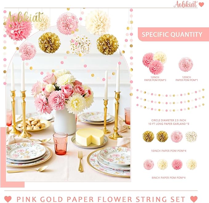 AOBKIAT Wedding Baby Shower Decorations Set,15PCS Pink Gold Tissue Paper Pom Poms,Circle Dots Colorful Paper Garland String Hanging Backdrop for Birthday Party,Gender Reveal Celebration Decor