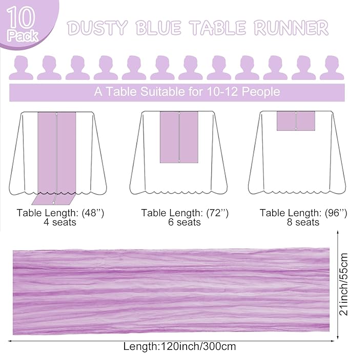 10 Pack Lavender Table Runner 120 Inch Cheesecloth Table Runner 10FT Boho Gauze Table Runner Long Cheese Cloth Table Runner Semi Sheer Runners for Wedding Bridal Baby Shower Party