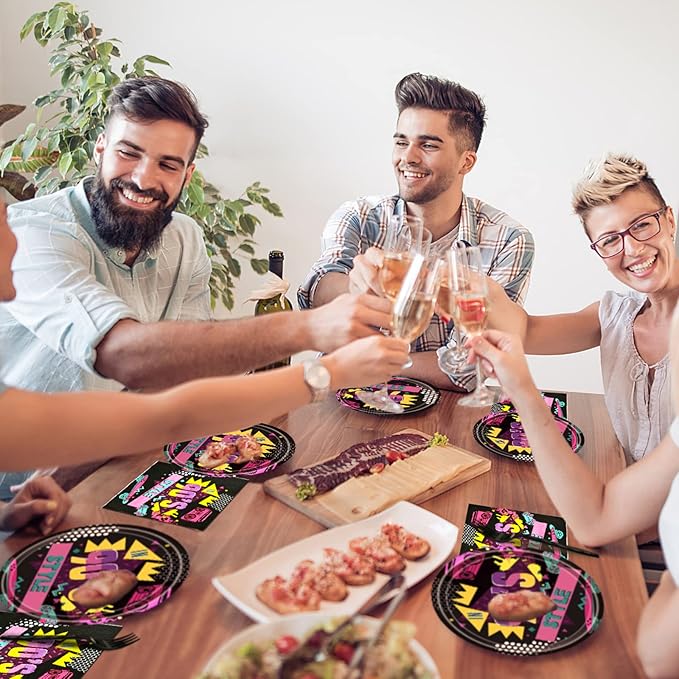 96 PCS Back to the 90s Party Decorations Supplies, Birthday Party Tableware Set 90s Party Dessert Plates Napkins Forks for 24 Guests 80s Favors