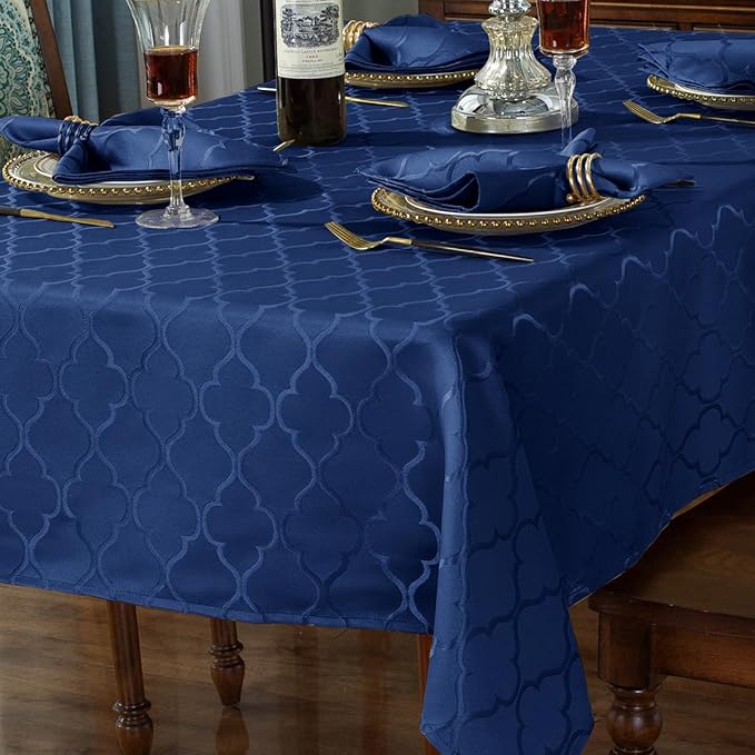 SASTYBALE Jacquard Tablecloth Damask Fabric Table Cloth Water Resistant & Wrinkle Free Spillproof Polyester Table Cover for Kitchen Dining Tabletop (Rectangle/Oblong, 52" x 70" (4-6 Seats), Navy)